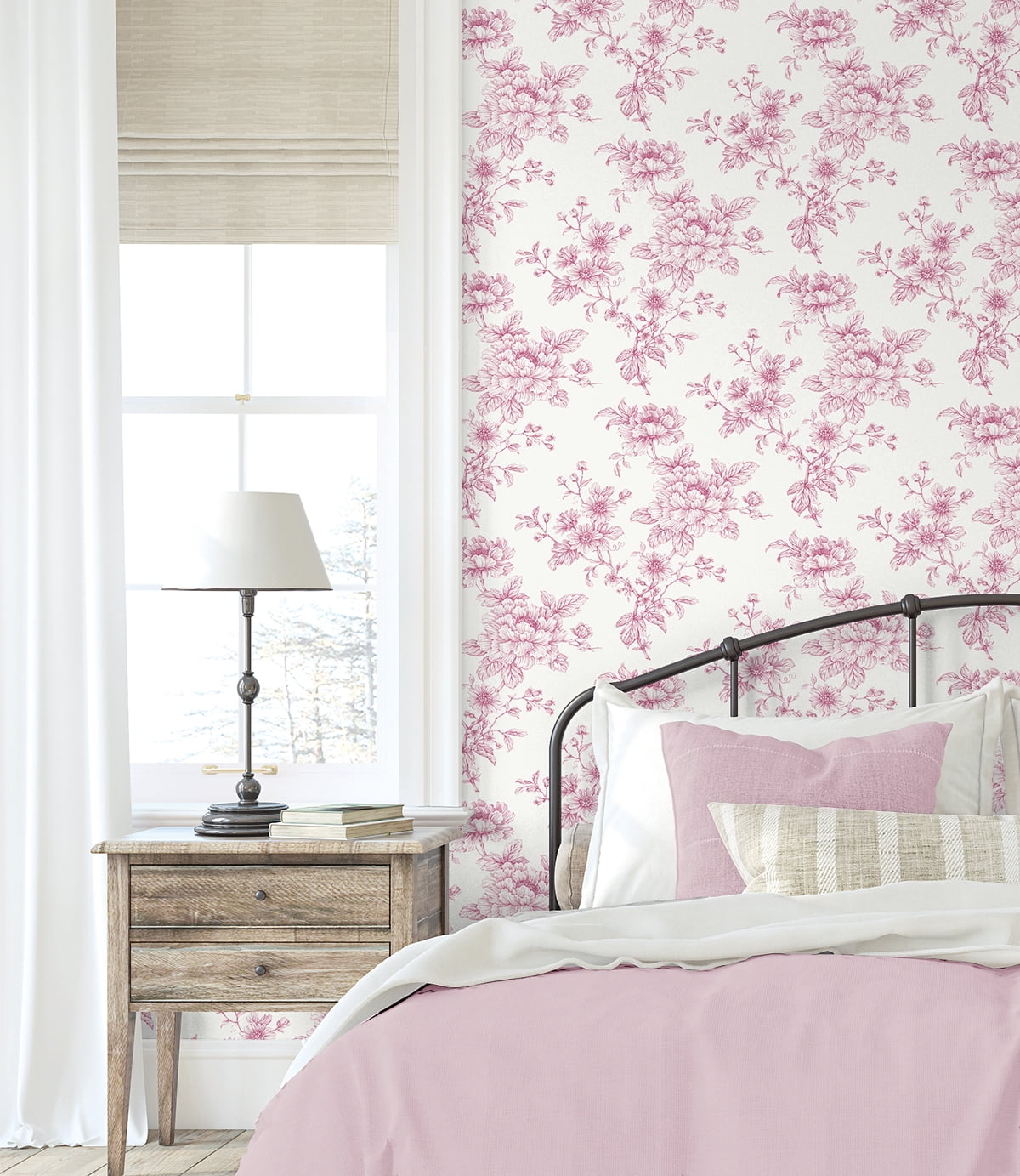 NextWall Pink Sketched Floral Peel and Stick Wallpaper