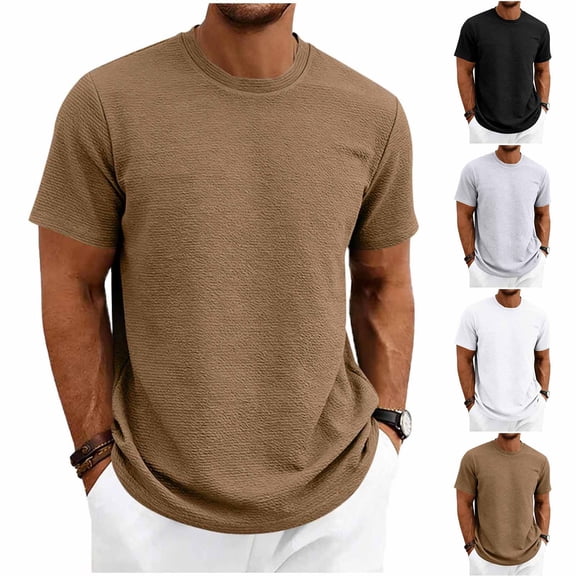 Men's Summer Vintage Solid Crewneck T-Shirt, Short Sleeve Textured Stretch Casual Tee, Loose Breathable Vacation Daily Wear, Big and Tall Sizes S-3XL White