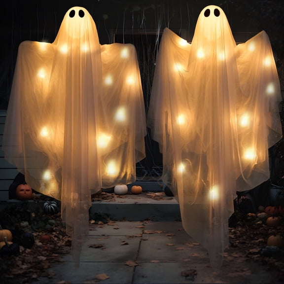 Cuhas 2-Pack Light-Up Hanging Ghosts (47.2") - Spooky Warm LED Halloween Decor for Outdoor Yard, Porch & Haunted Houses - Weather-Resistant White Ghost Decorations