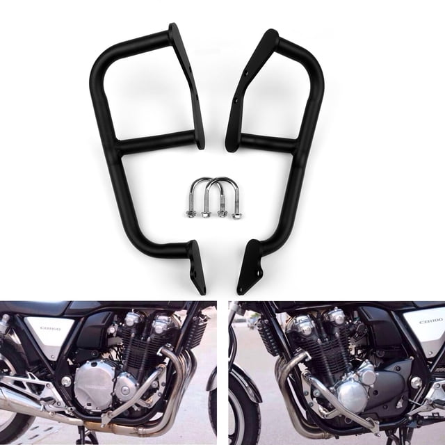 Engine guards / crash bars for Honda CB1100 2010-2016 in black, crafted from black coated tubular steel. Includes a set of two bars and screws for installation. Provides reliable protection for motorcycle engine parts with a strong frame connection. Ideal for Honda CB1100 models from 2010 to 2016. Easy installation without instructions, suitable for motorcycle accessories enthusiasts.