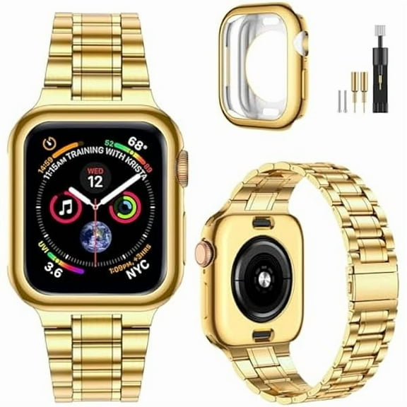 Solid Stainless Steel Band Compatible with Apple Watch 46mm (Series 11 10), Metal Strap with Soft TPU Case for iWatch Series 11/10 46mm Women and Men, Gold