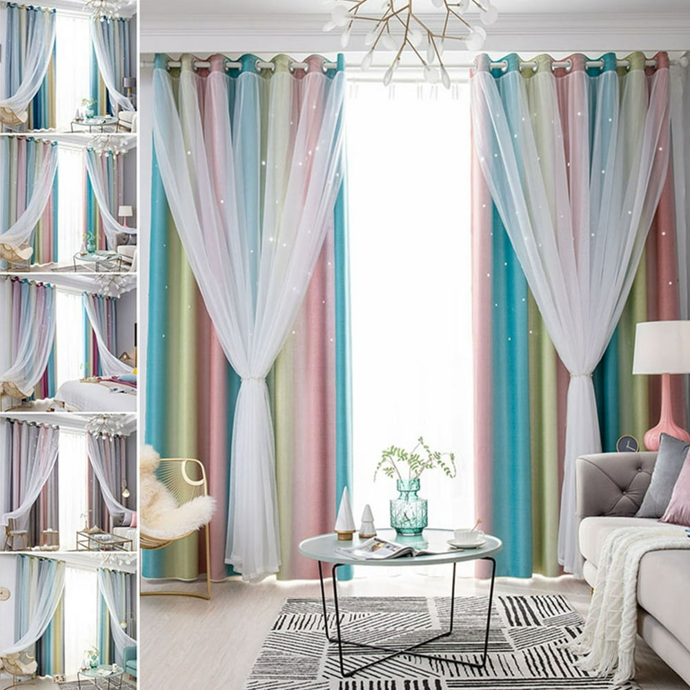 2Layer Blackout + Sheer Curtains Starry HollowOut Stars Curtain Room