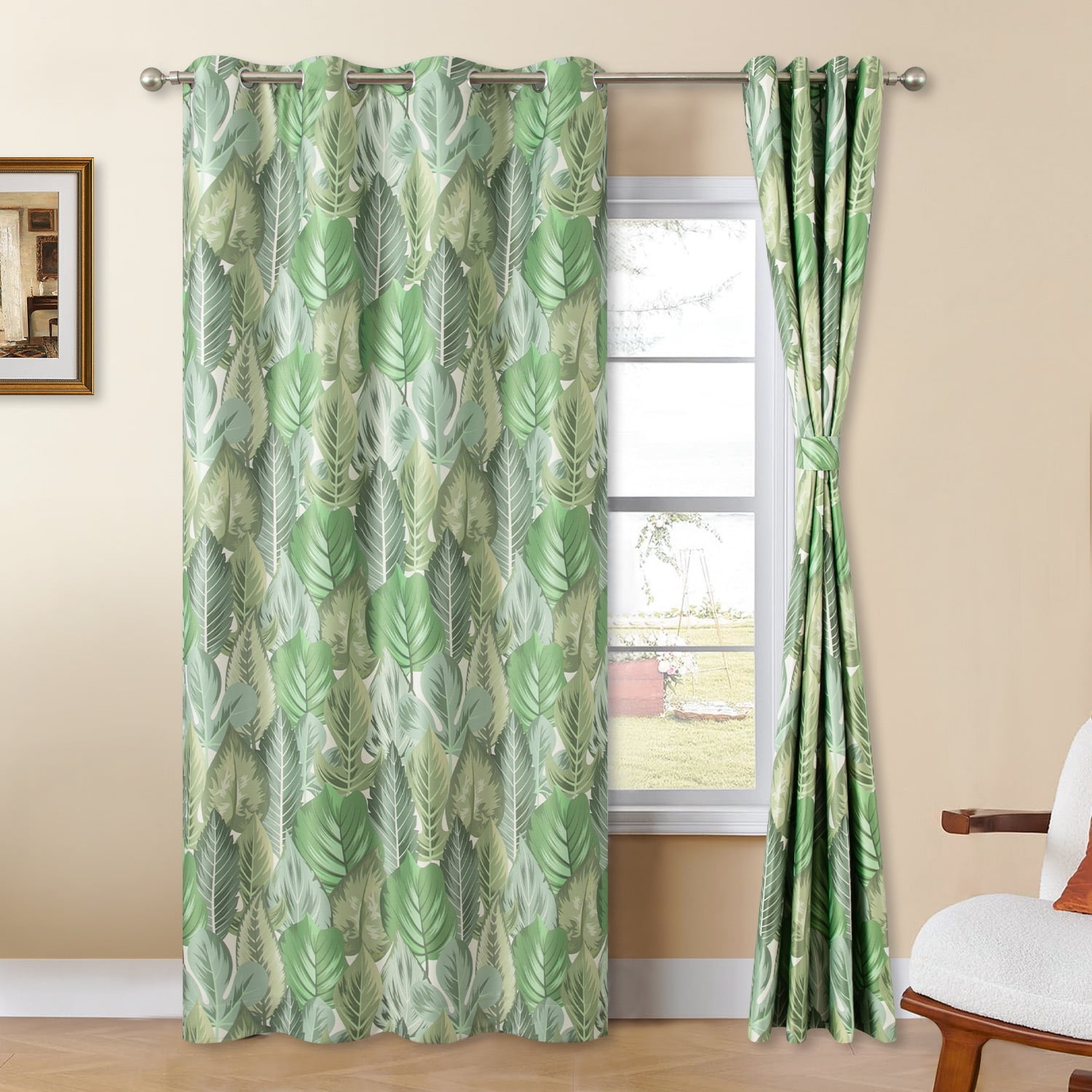 VOGOL Green Leaves Print Curtains Drapes, Rustic Grommet Top Light Filtering Window Curtain Panels Set for Room Divider, 2 Panels, 52 x 96 inches