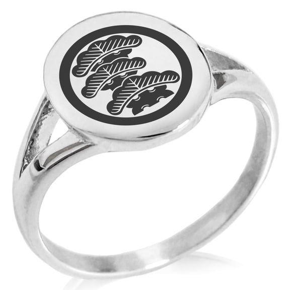 Stainless Steel Three-Tiered Pine Kamon Crest Minimalist Oval Top Polished Statement Signet Ring