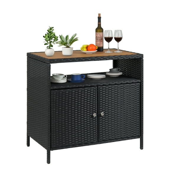 Patio Outdoor Wicker Storage Cabinet with Shelf,Powder Coated Steel,Patio Bar Table with 2-Door and Shelf,All Weather Resin Wicker,Patio Pool Garden Kitchen,Grey