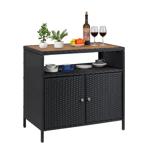 Armoire de Rangement de Bar en Osier d'Extérieur Résistante aux Intempéries – Doubles Portes et Étagères – Buffet Console de Patio en Rotin PE Toutes Saisons pour Jardin, Bord de Piscine Ou Cuisine, Noir+brun