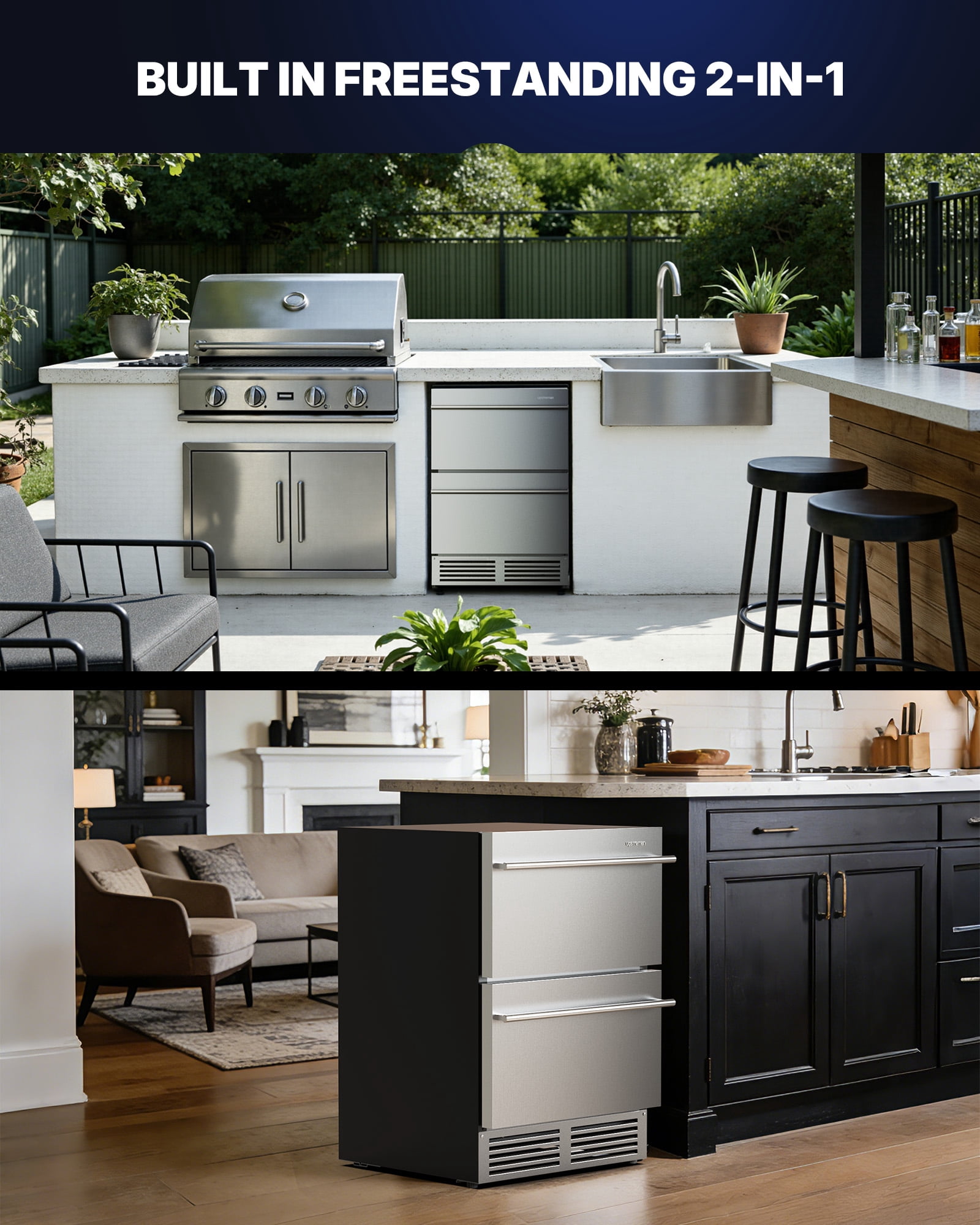 Upstreman 24 Inch Double Drawer Refrigerator, Under Counter Beverage Refrigerator Stainless Steel Outdoor Refrigerator Wine Cooler Fridge, Built-in or Freestanding, BR50D