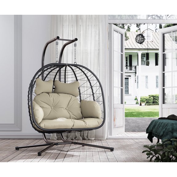 LHBcraft Double Wicker Swing Egg Chair Hammock Foldable Hanging Loveseat with Stand, UV Resistant Removable Cushions, 700LBS Capacity for Bedroom, Balcony (Black and Beige)