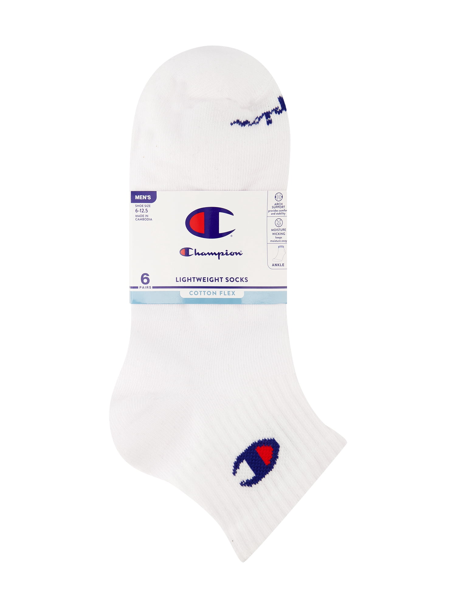 Champion Men’s Lightweight Ankle Socks 6 Pack, Moisture-Wicking, Arch Support, Stretch Comfort, Sizes 6–12.5