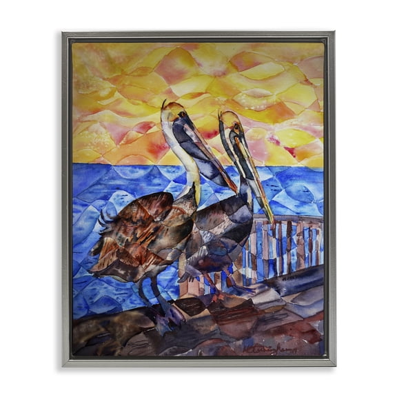 Stupell Industries Tropical Pelicans on Dock Gray Floating Frame Canvas Art, 17 x 21, by MB Cunningham