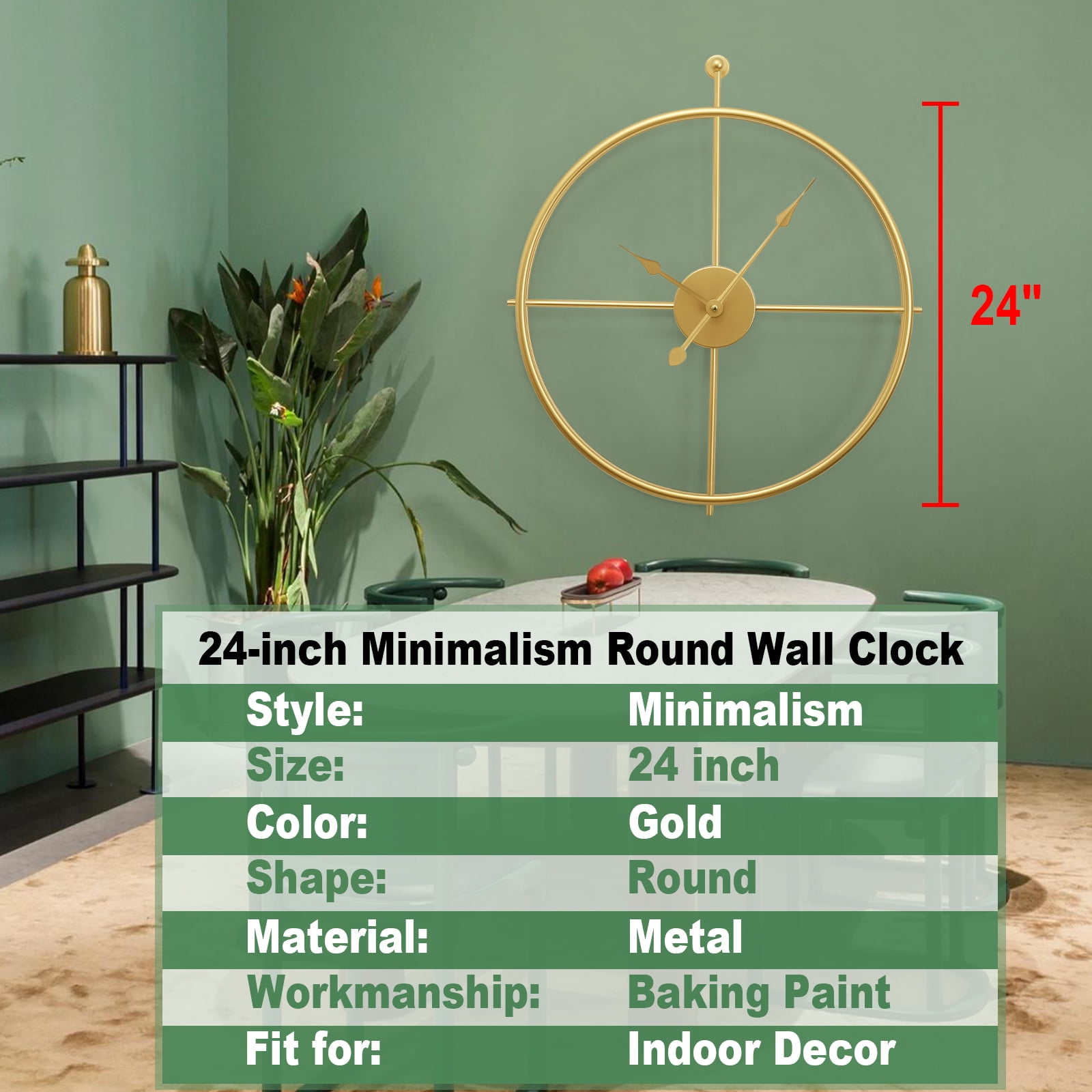 Gold Brass Wall Clock 24 Inch Wall Clocks for Living Room Decor Mordern Decorative Clock Minimalism Non Ticking Battery Operated Metal Clock for Living Room Kitchen and Office
