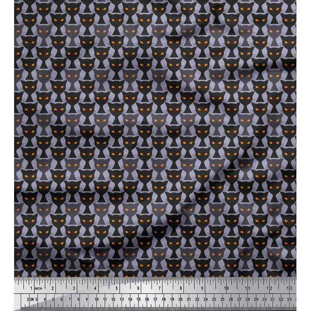 Soimoi Grey Rayon Crepe Fabric Cat Animal Print Fabric by the Yard 46 Inch Wide