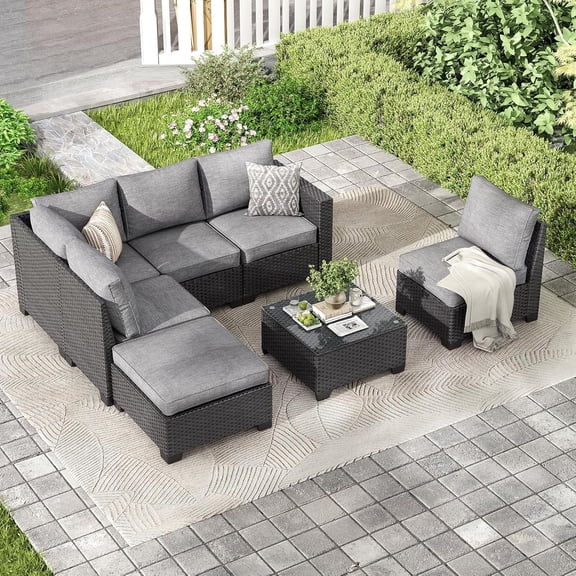 STARY Outdoor Wicker conversation sets, 7 Pieces Patio Furniture Sofa Set with Coffee Table, All Weather for Garden, Backyard, Balcony (Dark Gray)