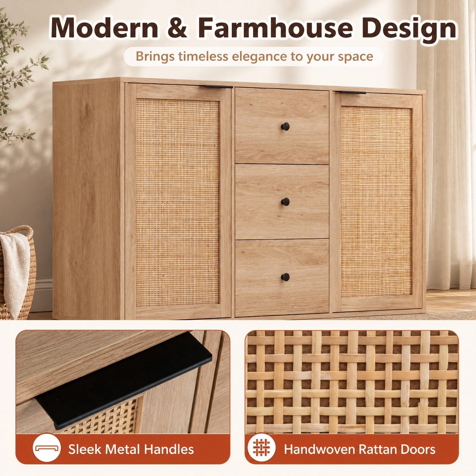 Furnibear Sideboard Buffet Cabinet Rustic Farmhouse Coffee Bar Table with 2 Rattan Doors and 3 Drawers for Kitchen Dining Living Room Buffet, Natural