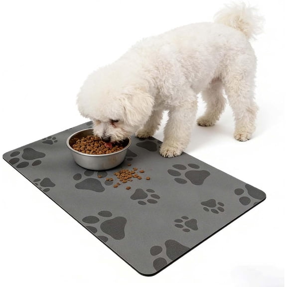 Absorbent Silicone Dog Food Mat, Dog Bowl Mat for Floors Waterproof, Cute Paw Print Pet Feeding Placemat for Cats & Dogs Quick Dry (Black-15.75x11.81inch)