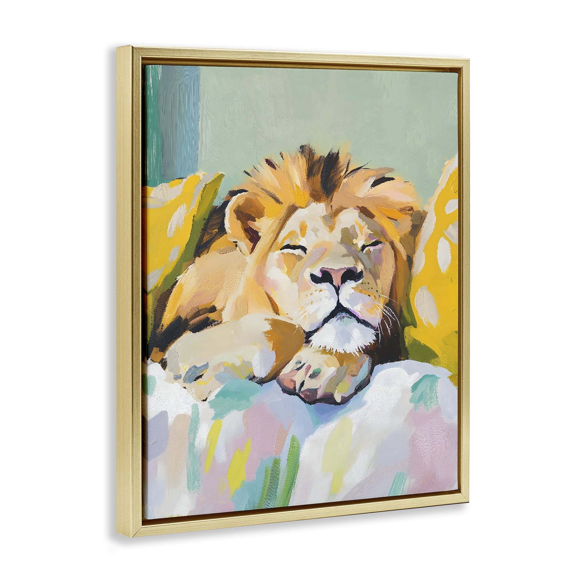 Stupell Industries Sleeping Lion on Pastel Pillows Gold Framed Floater Canvas Wall Art, design by The Prints Vibe