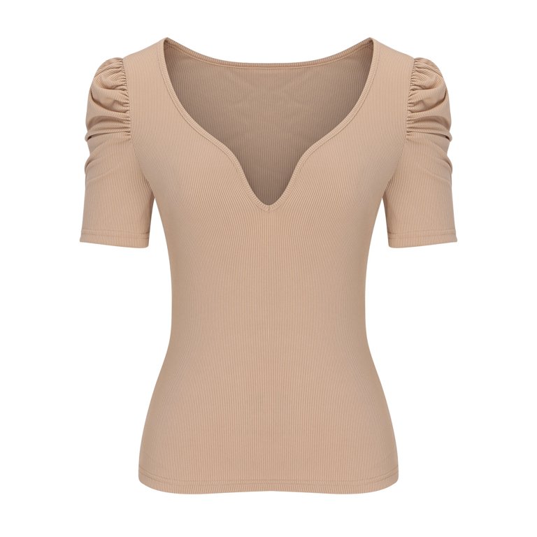 YYDGH Women's Sweetheart Neck Puff Short Sleeve Blouse Deep V Neck Rib Knit  Elegant Tops Basic Slim Fit Shirt Khaki XL