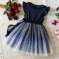 thumbnail image 5 of Wuxian Girls Ruffles Fly Sleeve Tutu Dress Christmas Knitted V-Neck High Waist Sparkly Star Print Cute Bow Winter Party Princess Mesh Winter Dress,Blue,2-3 Years, 5 of 9