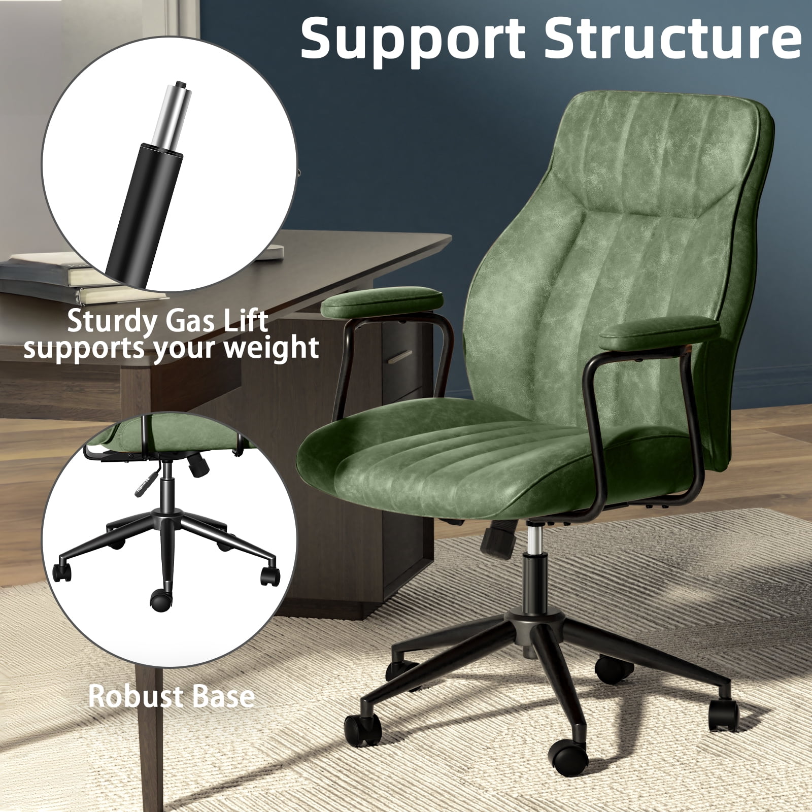 HomeZeer Executive Office Chair, Leather Desk Chairs with Wheels, Ergonomic Desk Chair with Arms, Mid Century Modern Reclining Computer Task Home Chair with Lumbar Support, Green