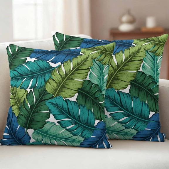 Pack of 2 Outdoor Pillow Covers,Waterproof Summer Tropical Leaves Throw Pillow Covers,Blue Green Botanical Leaf Plants Decorative Pillowcases Cushion Covers Couch Pillow Sham Protector 24x24 Inch