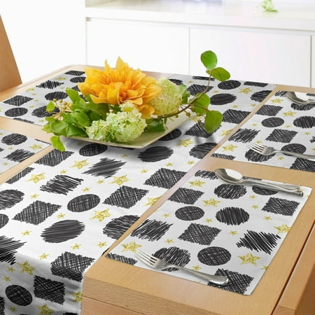 

Black and Yellow Table Runner & Placemats Scribble Art Theme with Circles Squares and Stars Geometric Doodle Set for Dining Table Placemat 4 pcs + Runner 12 x72 Black Yellow White by Ambesonne