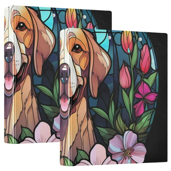 Dog Flowers Church Window 3 Ring Binders 1.5 inch Hardcover File Folders with Interior Pockets A4 Size Organizer for School Office Hospital Set of 2
