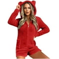 thumbnail image 5 of Feancey Onesie Pajama for Women Fleece Warm Short Rompers Fuzzy Hooded One Piece Jumpsuits Winter Sherpa Sleepwear Cute Bear Ears Loungewear Red S, 5 of 9