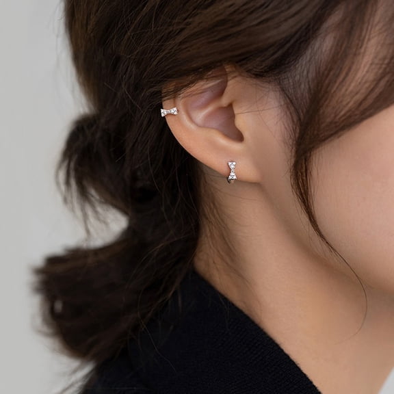 1 Pair Small Hoop Earrings Bow Decor Circle Shape Rhinestone Cartilaginous Ear Jewelry Lightweight Alloy Earrings for Prom Dating Commuting