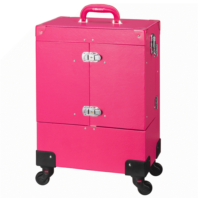 Ollieroo Rolling Wheels Makeup Train Case Lockable PU Artist Makeup Cosmetic Train Case,Rose-Pink
