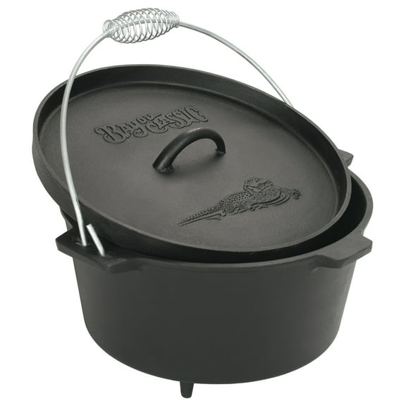 Bayou Classic 7360 8-qt Cast Iron Dutch Oven w/ Feet Features Flanged Camp Lid Stainless Coil Wire Handle Grip Perfect For Baking Frying One-Pot Meals Stews and Chili