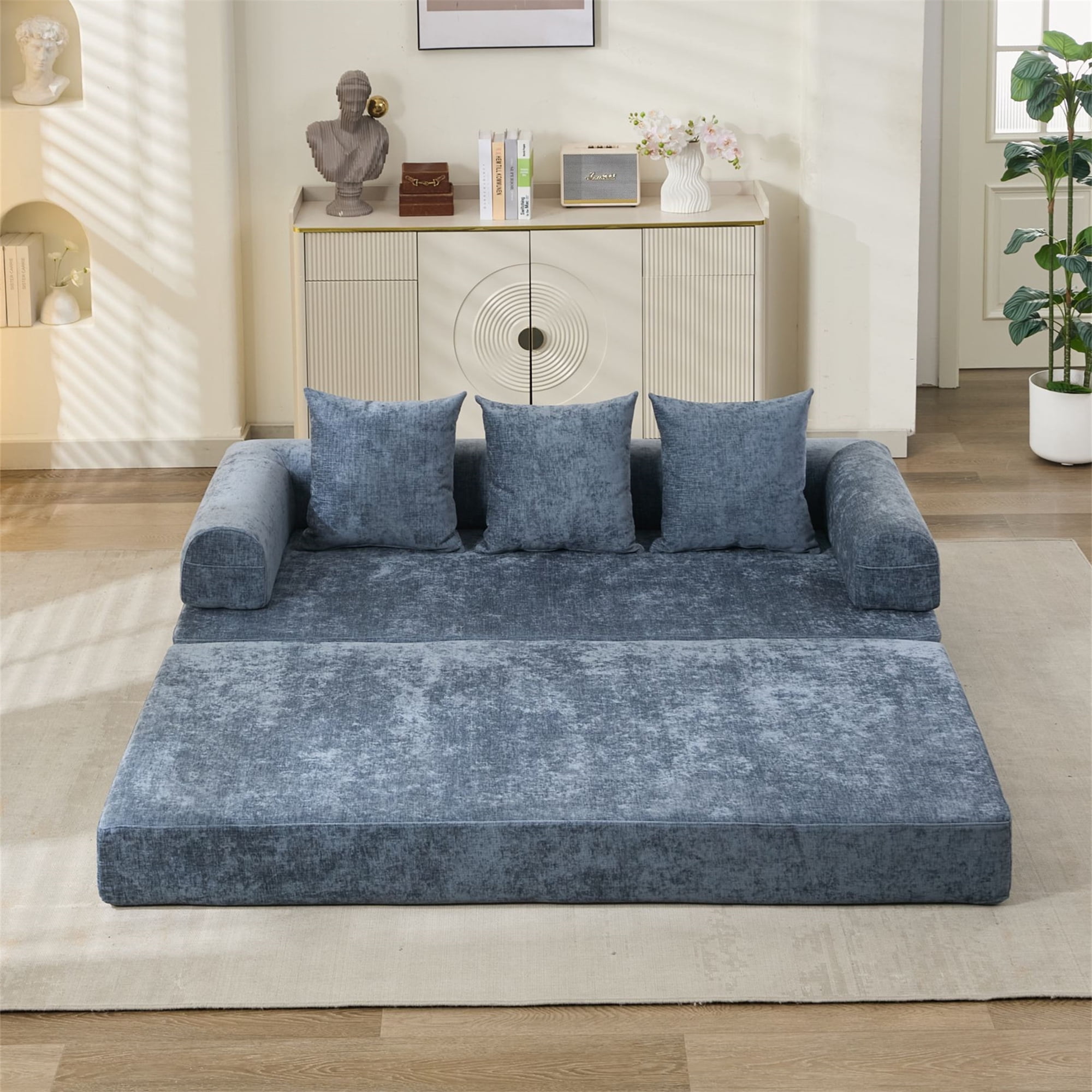 Aukfa Convertible Sleeper Sofa Bed King Floor Futon Couch for Living Room Bedroom, Chenille, Blue