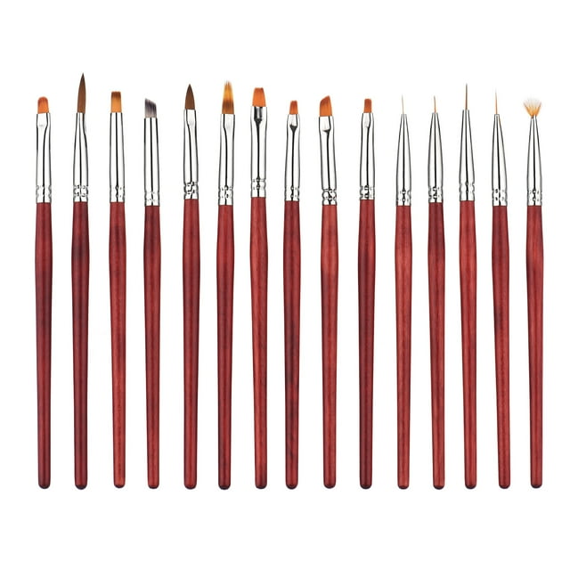 Set de 15 brochas para uñas en estuche, ideales para diseño de arte en uñas, aplicación de gel y polvo, fácil de limpiar y almacenar, perfectas para uso en casa o salón de belleza.