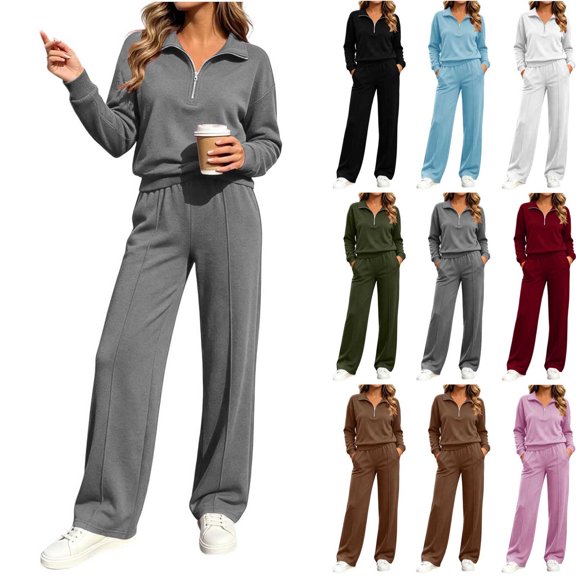 Women Sweatsuits 2 Piece Set Long Sleeve Half Zip Collared Sweatshirt and Elastic Waist Wide Leg Pants with Double Pockets Casual Office Wear and Daily Commute