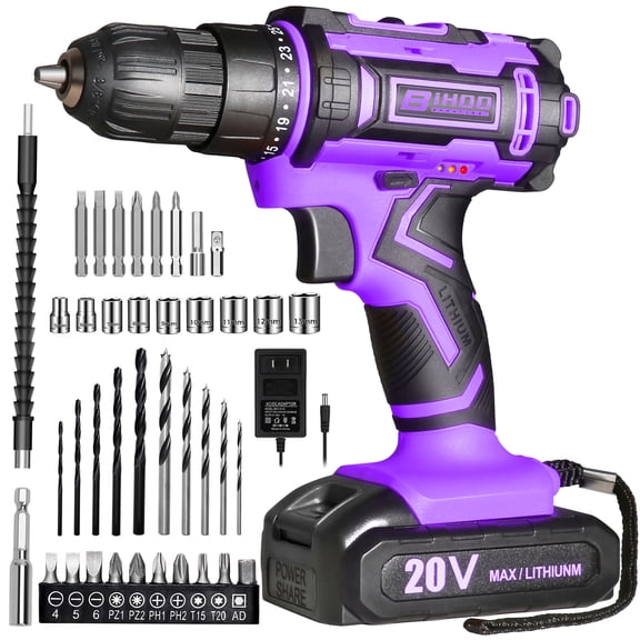 20V Purple Cordless Drill Set,Drill Driver with Battery and Charger,3/8-Inch Keyless Chuck, Variable Speed,with Drills Bits Set