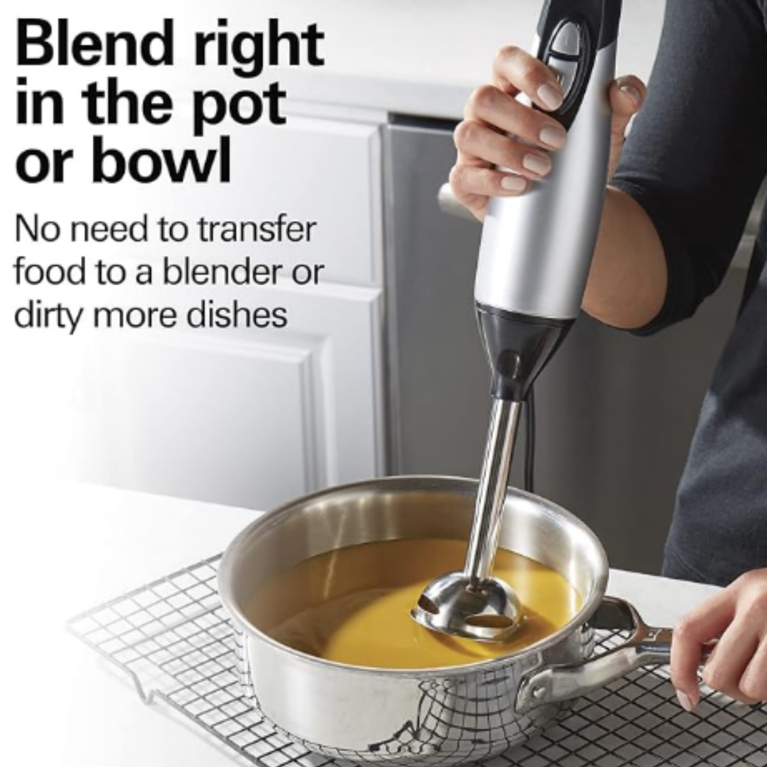 4-in-1 Electric Immersion Hand Blender with Handheld Blending Stick, Whisk + 3-Cup Food & Vegetable Chopper Bowl, 2-Speeds, 225 Watts, Silver and Stainless Steel