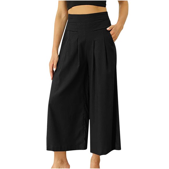 Summer Savings Clearance! PEZHADA Women's Culottes Linen Wide Leg Pants Elastic Waist Casual Palazzo Trousers with Pockets Capris Black