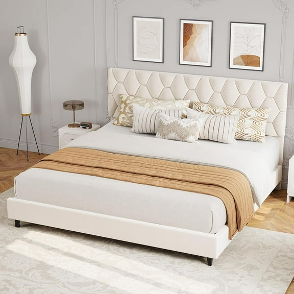 Senfot King Size Bed Frame with Upholstered Headboard, Platform Bed Frame with Adjustable Headboard, Strong Wood Slat Support, No Box Spring Needed, Noise-Free, Beige