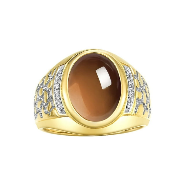 RYLOS Men's Rings 14K Yellow Gold Nugget Ring with Cabochon Gemstone & Diamonds Smoky Quartz Rings For Men Size 13