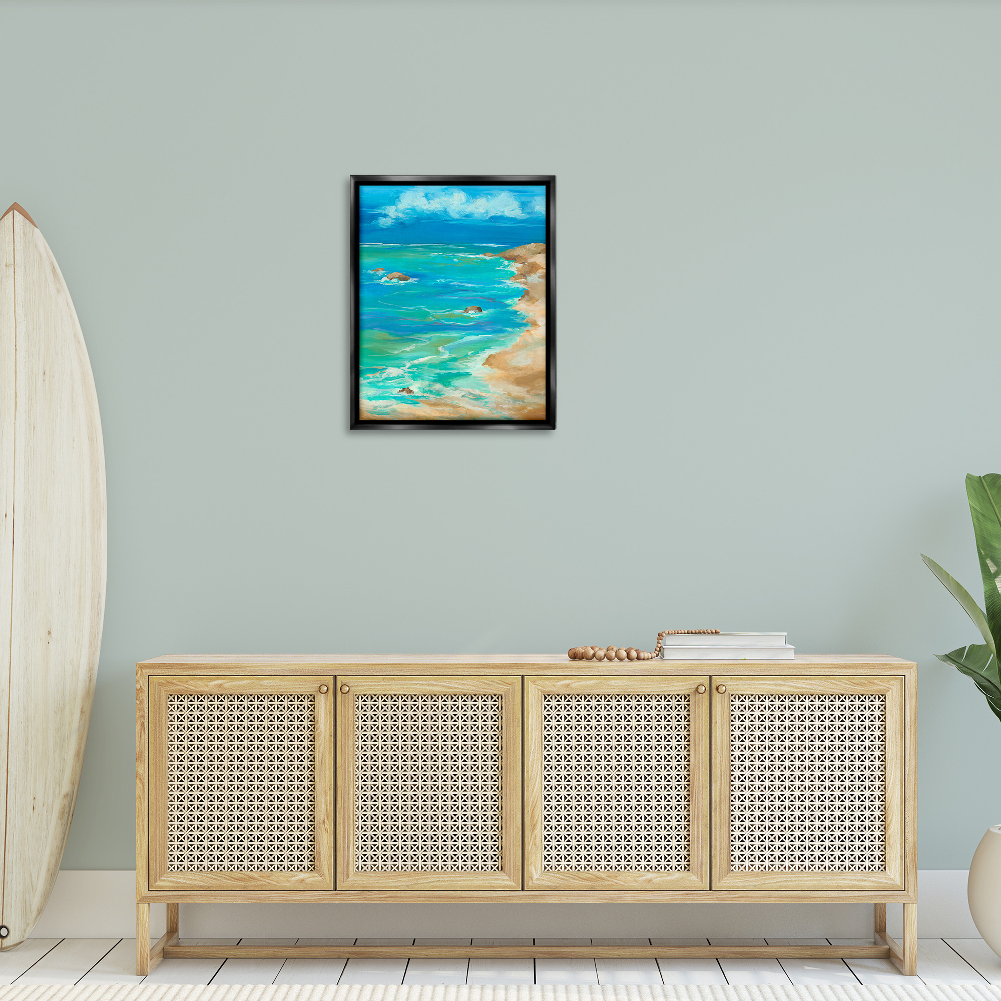 Stupell Industries Vivid Rocky Beach Cove Landscape Painting Black Floater Framed Canvas Art Print Wall Art, 25 x 31