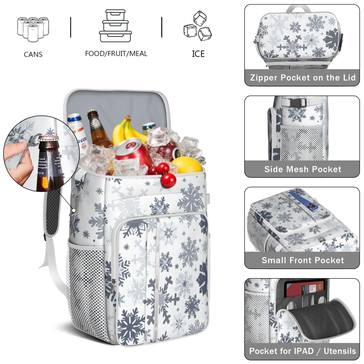 Travel Cooler Bag - Blue Christmas Snowflake Pattern Camping Beer Cooler Backpack with Bottle Opener- Waterproof Insulated Picnic Backpacks - Cooler Bag for Beach