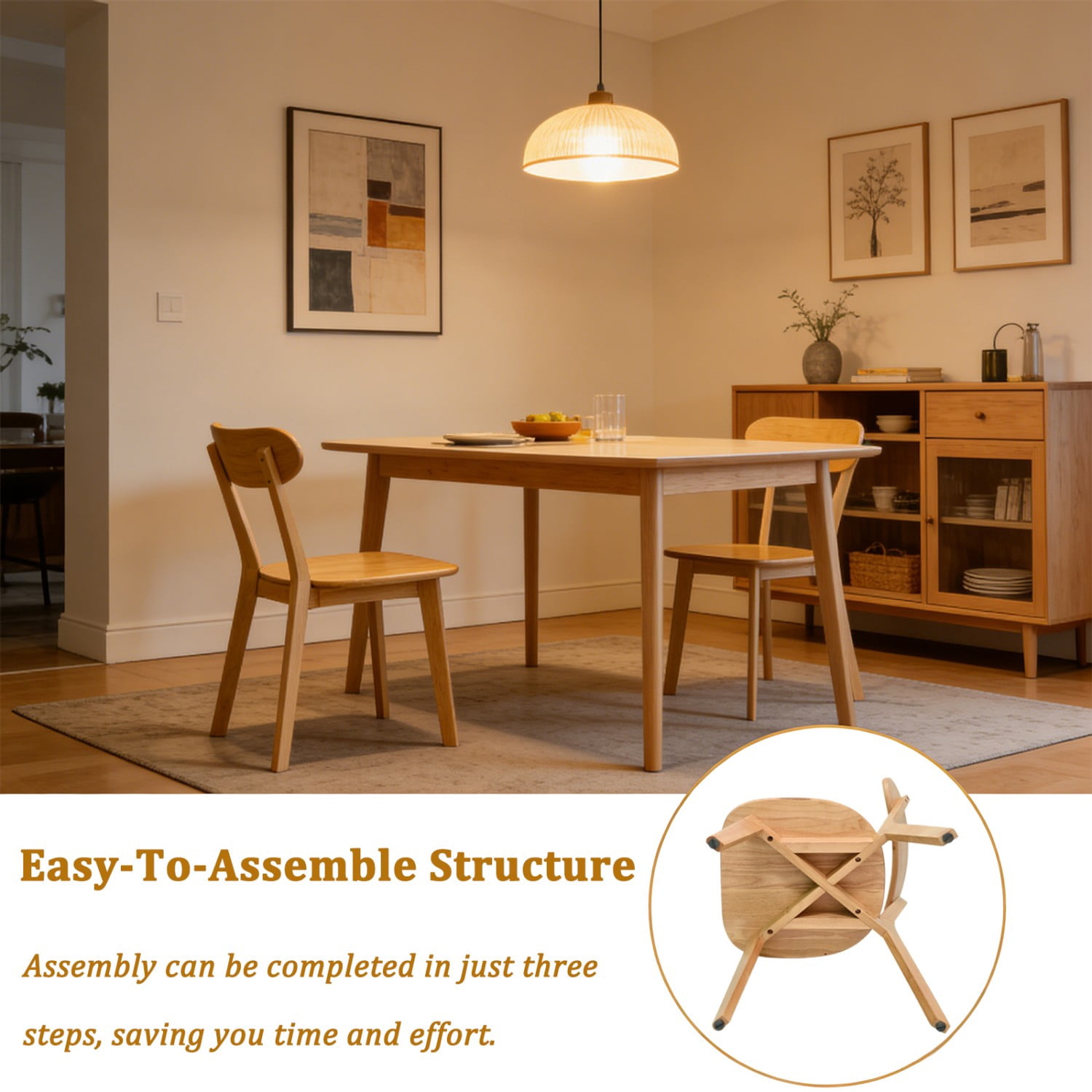 100% Natural Solid Wood Dining Chairs Set of 2 Mid Century Modern Kitchen Chairs with Curved Backrest Adjustable Foot Pads Walnut Dining Room Living Room Study Chairs, Natural