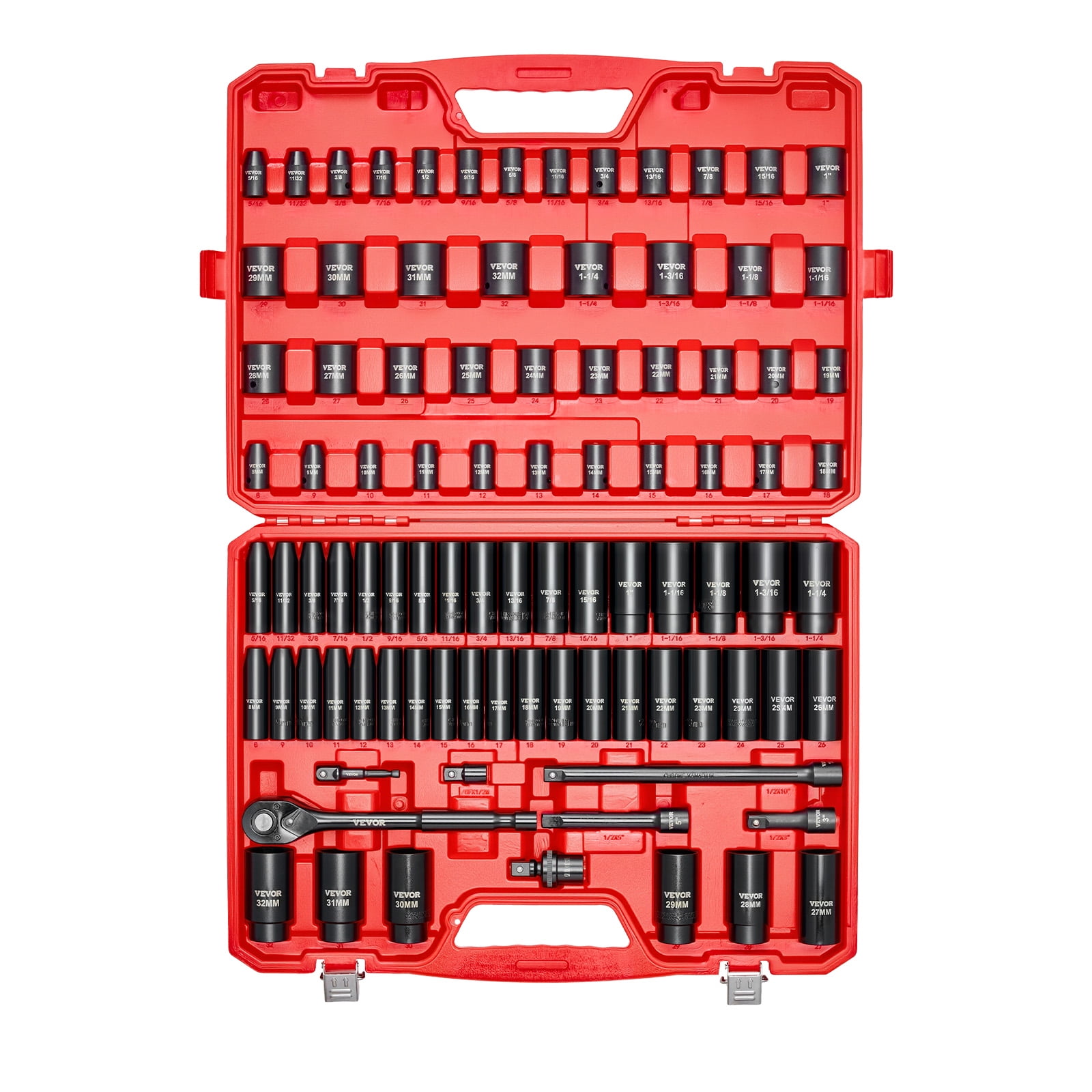VEVOR 1/2 in Drive Impact Socket Set, 91 Piece, 6 Point Deep & Shallow Impact Sockets, SAE (5/16 to 1-1/4 in) and Metric (8 to 32 mm) Sizes with Extension Bars (3, 5, 10 in), Cr-V Steel,Carrying Case