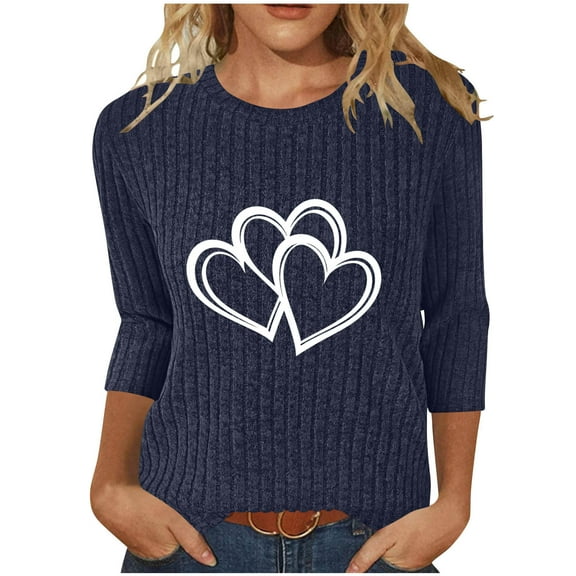 SYMOID Womens 3/4 Sleeve Crew Neck Double-Heart Graphic Top - Nylon-Spandex Ribbed, Navy, Relaxed Fit, Sizes S-XXL,Size S