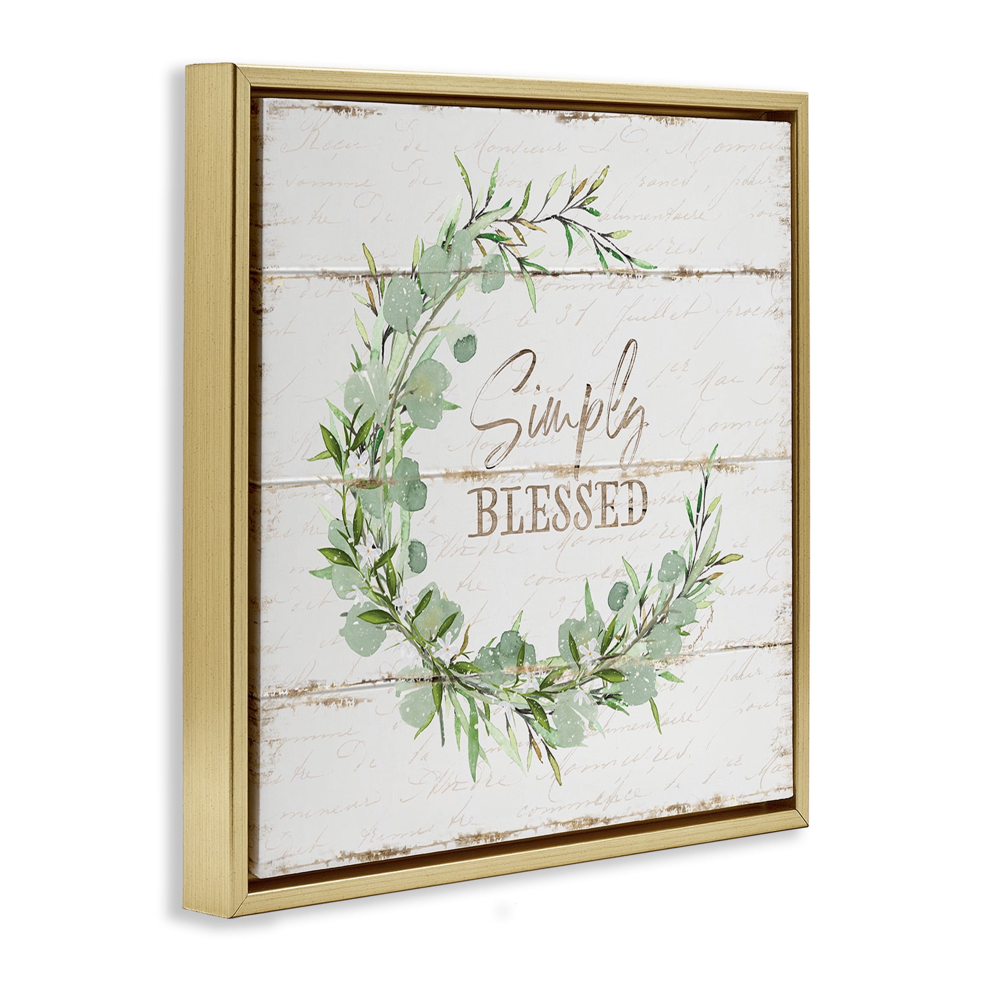 Stupell Industries Simply Blessed Rustic Wreath Typography Painting Gold Floater Framed Canvas Art Print Wall Art, 18 x 18