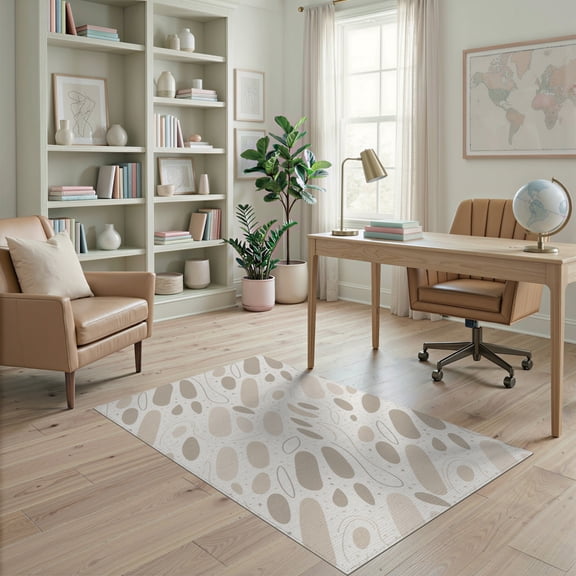 ODIKA 4'x6' Beige Ivory Abstract Flowing Washable Area Rug Contemporary Modern Geometric Scattered Oval Motifs With Curved Lines for Dorm Room, Small Living Stain Resistant Low Profile, Easy Care