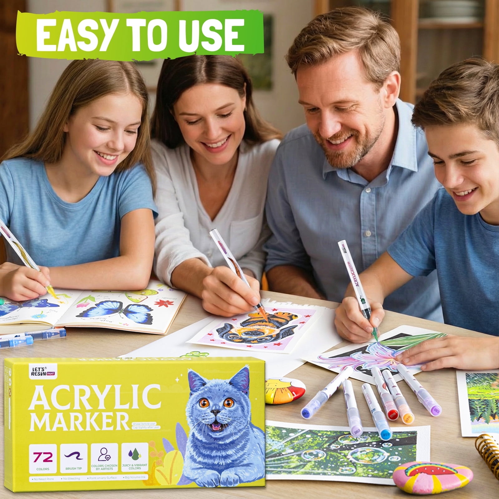LET'S RESIN 72 colors Painting Acrylic Paint Markers, Brush Tip Point, Assorted Colors, Marker Pen Gift Kit