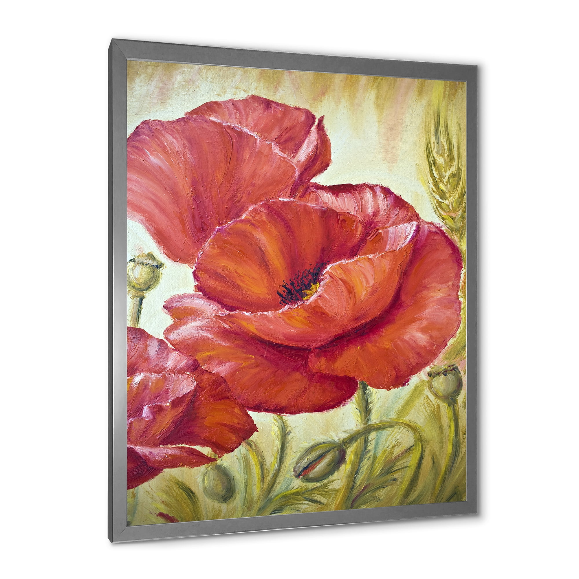 Designart 'Blossoming Red Poppies In Wheat Fields I' Traditional Framed Art Print