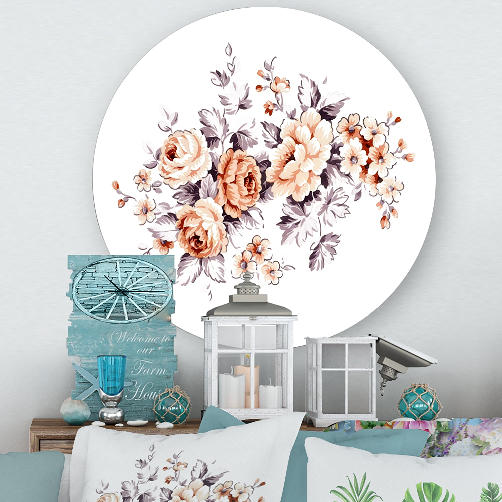 Designart 'Pink Wild Roses With Monochrome Leaves' Traditional Circle Metal Wall Art 11x11 - Disc of 11