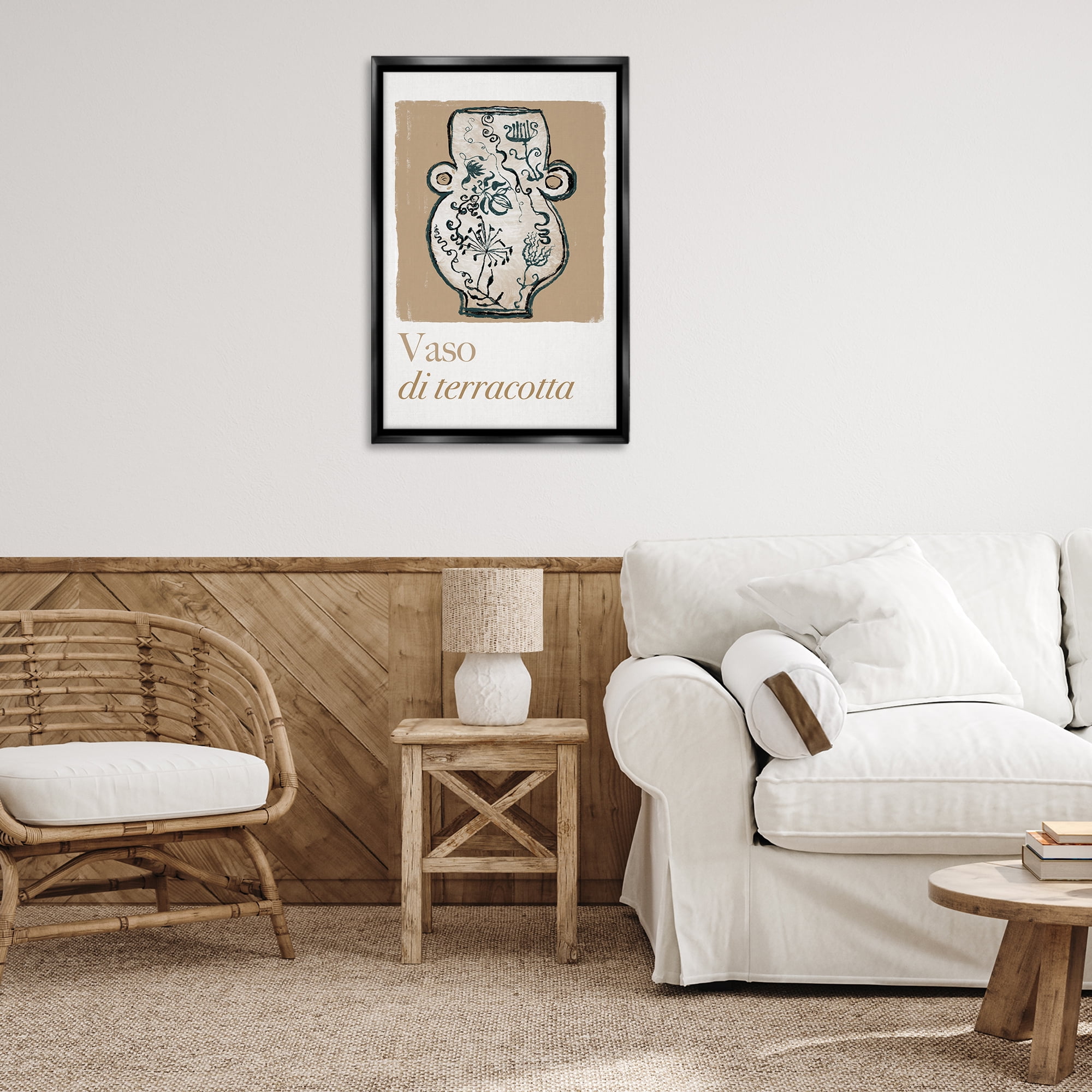 Stupell Industries Natural Terracotta Vase History & Language Painting Black Floater Framed Canvas Art Print Wall Art, 21 x 31