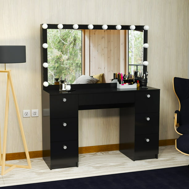 Boahaus Freya Modern Bedroom Vanity, Big Vanity Mirror With Lights And Drawers